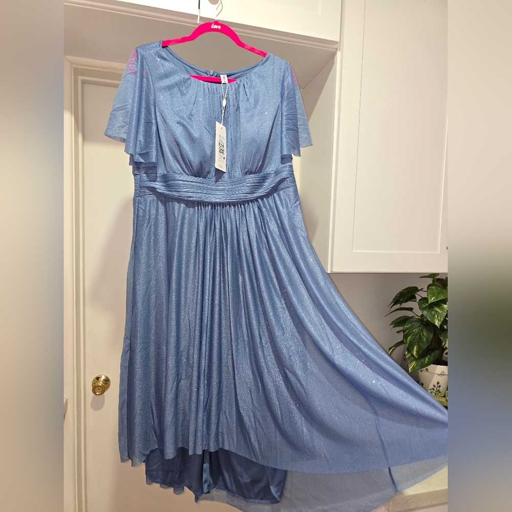 Ever Pretty Blue Round Neck Midi Dress, Sparkly Material, Flutter Sleeves SZ 16 - Picture 7 of 9
